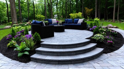 Obraz premium Outdoor patio seating area in lush garden