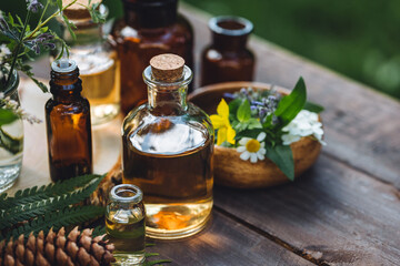 Bottles of tincture or potion, organic essential oils, dry healthy herbs, floral extracts on wooden table. Pure natural ingredients for cosmetic production. Concept of alternative herbal medicine