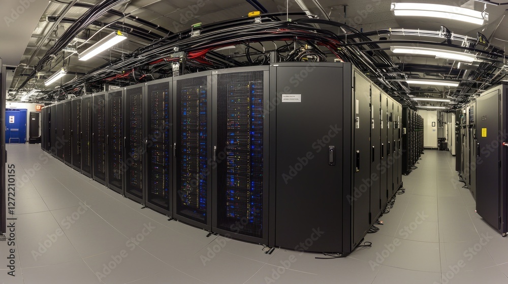 Poster High-tech data center with secure server racks and cable management. Ideal for cloud computing, cybersecurity, and IT infrastructure concepts