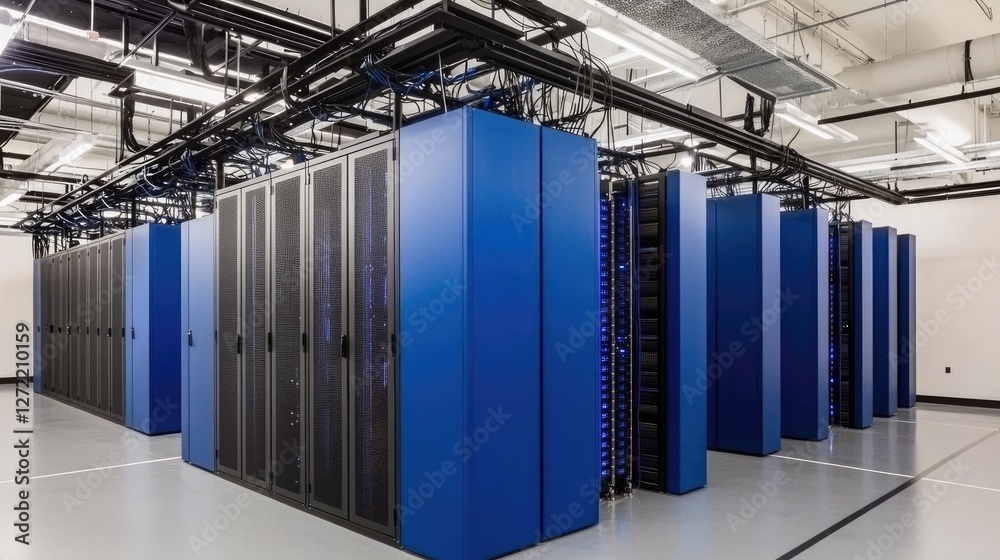 Aufkleber Modern data center with blue server racks and structured cabling. Ideal for cloud computing, cybersecurity, and IT infrastructure concepts