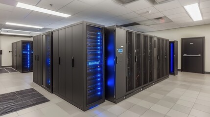 Fototapeta premium Secure data center with advanced server racks and blue LED lights. Ideal for IT security, cloud storage, and digital infrastructure concepts