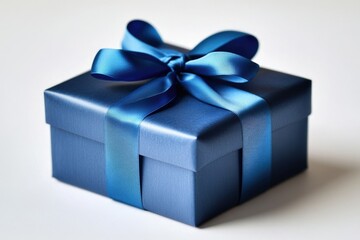 Fototapeta premium A navy blue gift box elegantly adorned with a satin ribbon, signifying celebration and gifting.