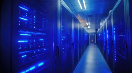 Fototapeta premium Futuristic data center with illuminated server racks and advanced networking. Ideal for cloud computing, cybersecurity, and IT infrastructure concepts
