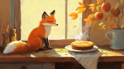  A fox sits on a table with a cup of coffee and a pie on a plate in a painting