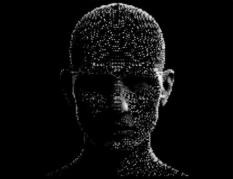 Abstract, pixelated human face in grayscale on a black background. The scattered dots form a detailed, digital texture, giving the artwork a modern, futuristic feel with a hint of mystery.