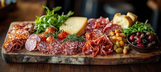 Artful charcuterie and gourmet delights on a rustic wooden board