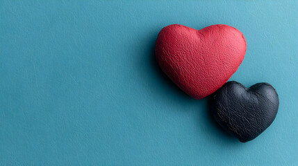 Fototapeta premium Red and black leather hearts placed on a textured teal background with copy space.