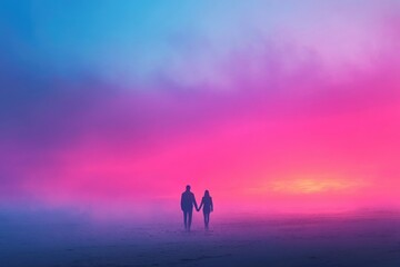 Fototapeta premium Silhouette of a couple holding hands, walking on a foggy beach at sunset with a vibrant pink and blue sky.