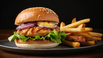 Classic Chicken Burger with Grilled Chicken Breast and Fresh Toppings – A Delicious 4K Food Photography Capturing the Perfect Light and Savory Flavor