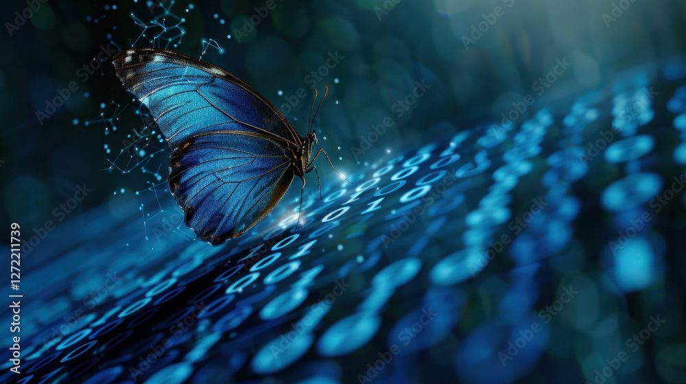 Poster vibrant blue butterfly rests on digital background filled with binary code, symbolizing intersection