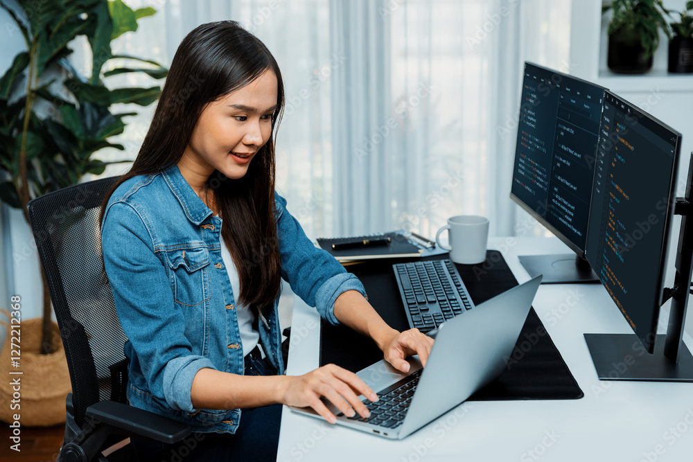 Poster smiling young asian in it developer creating with typing online information on laptop with coding pr