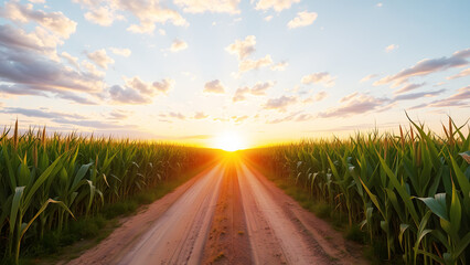 Stunning rural road stretching into the horizon surrounded by lush cornfields, golden hour lighting for a beautiful countryside view