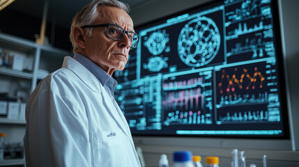 Elderly caucasian scientist in lab coat analyzing data on large screen in a laboratory setting
