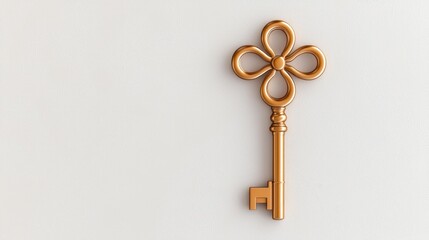 Golden ornate key on white background; security, success concept