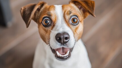 Playful Jack Russell Dog Looking Directly at Camera on Wooden Floor