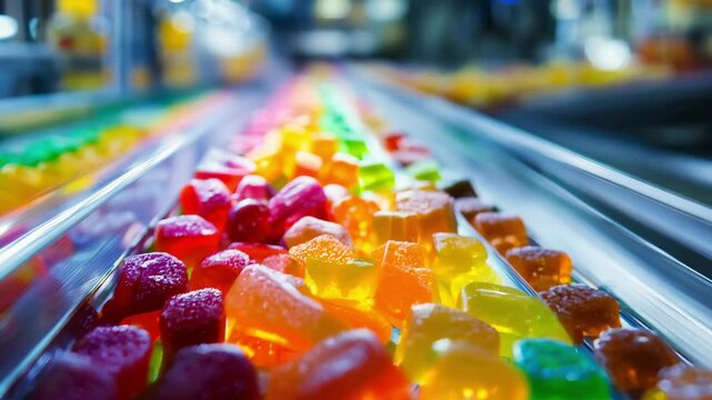 Brightly colored gummy candies moving along a conveyor belt in a modern production facility