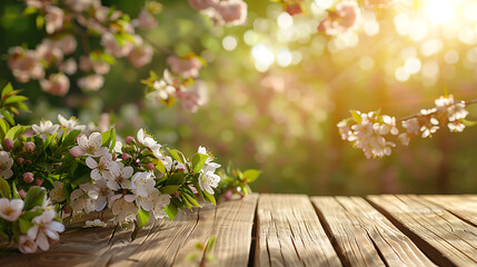 Spring Sakura Blossoms Over Wooden Deck with Warm Sunlight