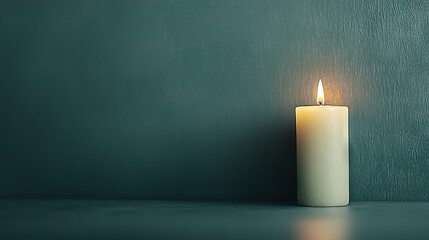   A candle sits atop a table, casting a shadow on the adjacent green wall