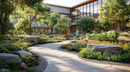 Tranquil Courtyard Garden People relax near modern building