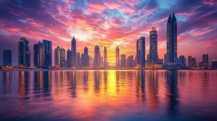 Fototapeta premium Vibrant sunset over city skyline, reflecting in calm water