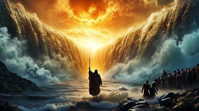 A majestic display of waters being parted as people gather on the shore, illuminated by a vibrant sunset