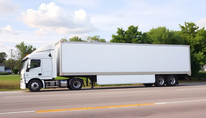 White truck driving on a highway, symbolizing transportation, logistics, and the trucking industry, perfect for themes around delivery services, freight, and global supply chains