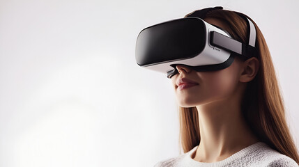 Pretty young woman in VR glasses on white background