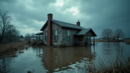 Fototapeta premium a city street submerged in floodwaters, with cars partially submerged and debris floating, illustrating the impact of severe flooding.