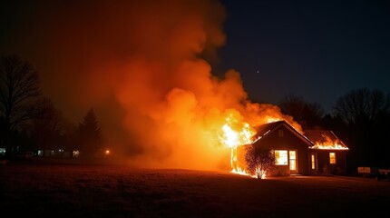 A dramatic scene of a house engulfed in flames, with thick smoke billowing into the sky, highlighting the urgency and danger of a house fire.