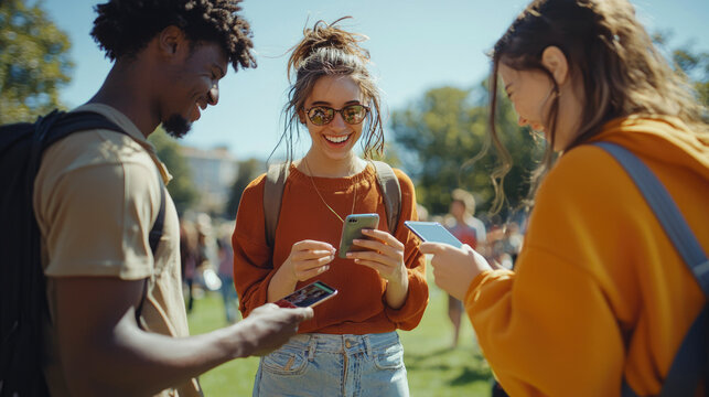 Diverse young adults enjoying outdoor gathering with smartphones in a sunny park setting, smiling and sharing moments