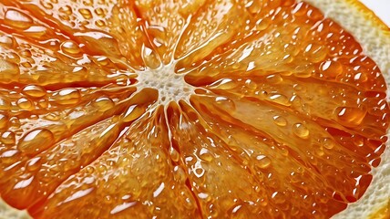 Closeup view of a fresh orange segment revealing its juicy texture