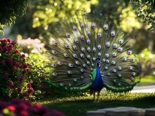 Obraz premium A majestic peacock setting up its tail in a garden