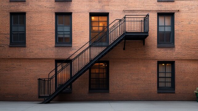 Brick building with metal fire escape and symmetrical windows in urban setting