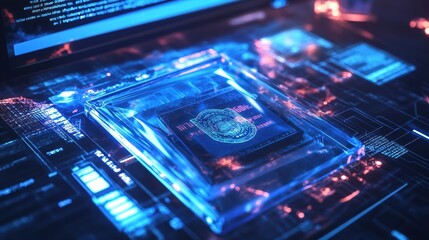 Obraz premium An intense closeup of a digital evidence bag containing a hard drive and a USB stick resting on a desk marked with legal documentation. Behind it the reflection of a police badge in