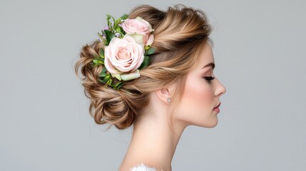 Naklejka premium Woman with floral hair accessory, studio portrait, wedding, elegant