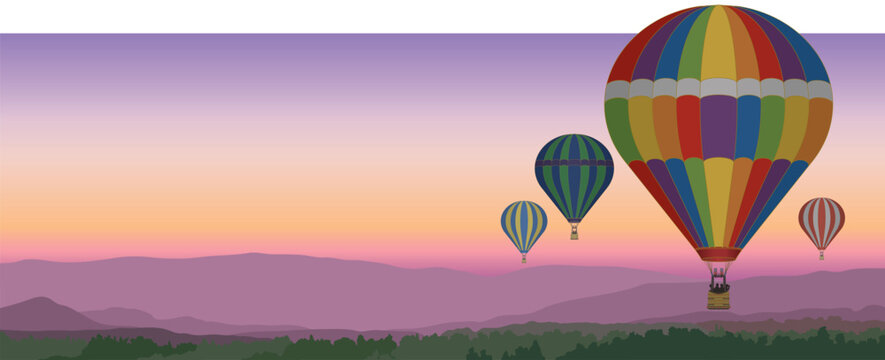 several hot air balloons floating above scenic landscape with a sunset sky in the evening, suitable for web banner or header