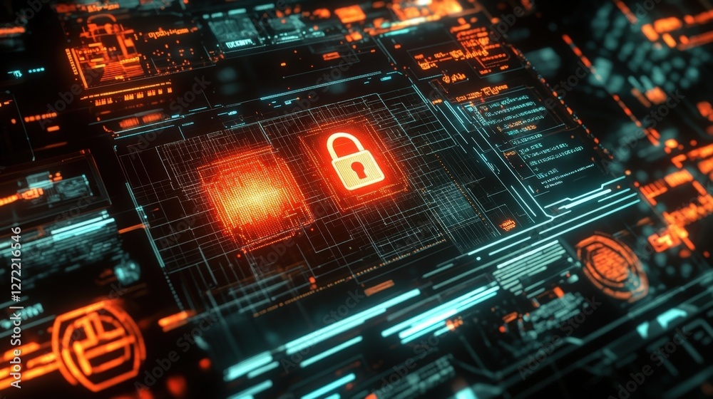 Poster futuristic cyber security interface displaying a glowing lock icon, symbolizing data protection and 