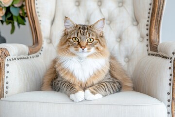 Elegant vintage armchair with a fluffy cat exuding charm in a cozy, pastel-toned interior decor