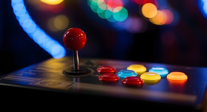 A close-up of a colorful arcade joystick with buttons, set against a backdrop of vibrant, out-of-focus lights.