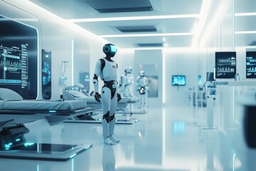 Advanced humanoid robots assist in a futuristic medical facility during a busy day of operations and care