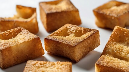 Closeup view of crispy croutons arranged on a tabletop surface