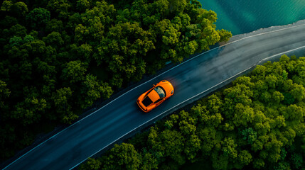 A car driving down a road next to a body of water