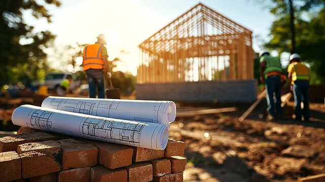 A construction scene where blueprints rest on a stack of bricks, while builders assemble the frame of a house in the background