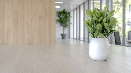 Modern office interior with potted plant on table