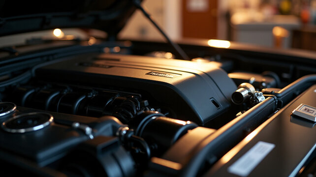 Luxury car's engine purring in the garage