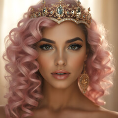 Fototapeta premium La belleza real de una gentil mujer con corona dorada y cabello rosa rizado