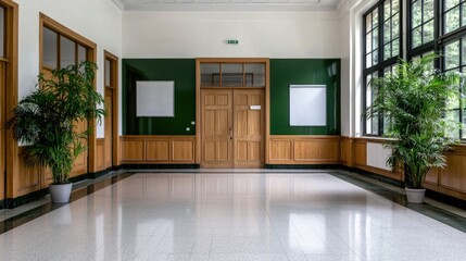 Empty hallway in a light-filled school or office building, great for presentations, or showcasing interior design