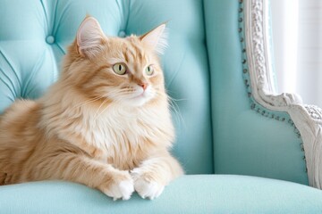 Fluffy cat enjoys a cozy moment on an elegant vintage armchair in a softly decorated room