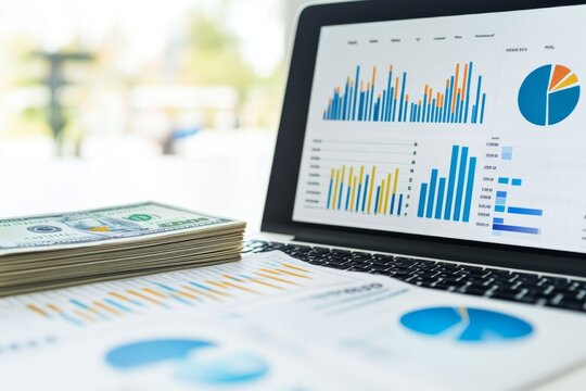 Data analysis with financial reports displayed on a laptop alongside stacks of cash during a bright office day