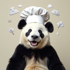 Obraz premium Panda Chef with Kitchen Utensils Thought Bubble Funny Animal Cook. Perfect for quirky restaurant promotions, fun food blogs, creative culinary school marketing materials